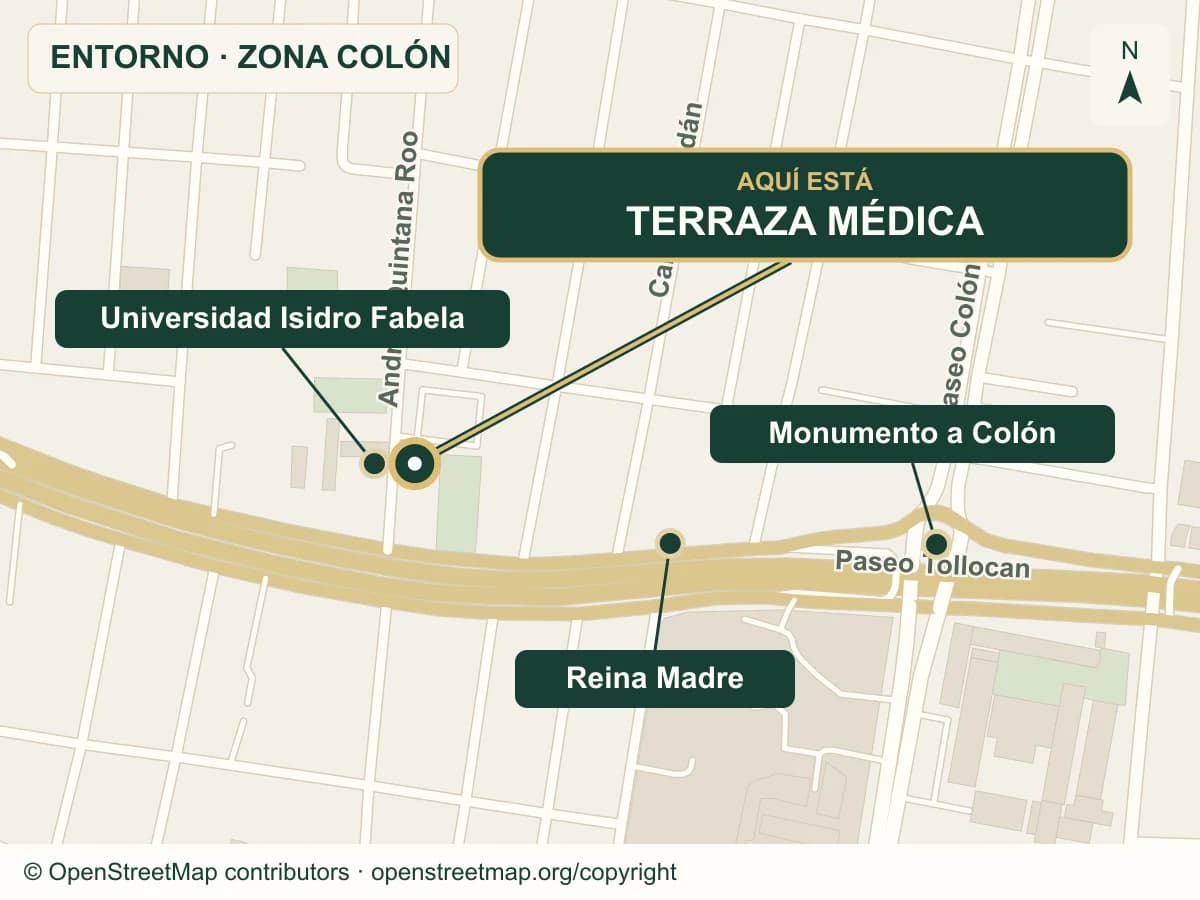 Mapa de referencia de la zona Colón: Terraza Médica, Paseo Tollocan, Monumento a Colón, Universidad Isidro Fabela y Reina Madre.